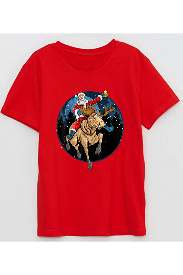 Santa Claus on a Deer Round Printed New Year T-Shirt