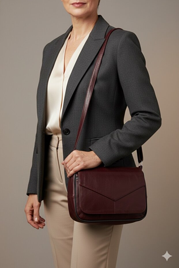 Genuine Leather Claret Red Women's Shoulder and Crossbody Bag Multi-Compartment Mother Bag
