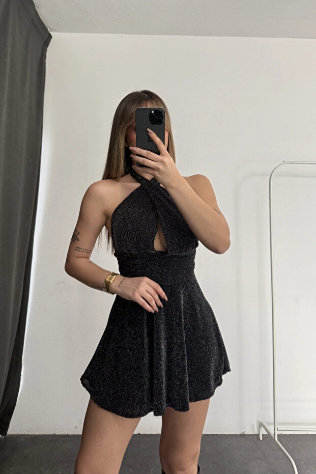 Sırt Dekolteli Simli Mini Elbise - 6