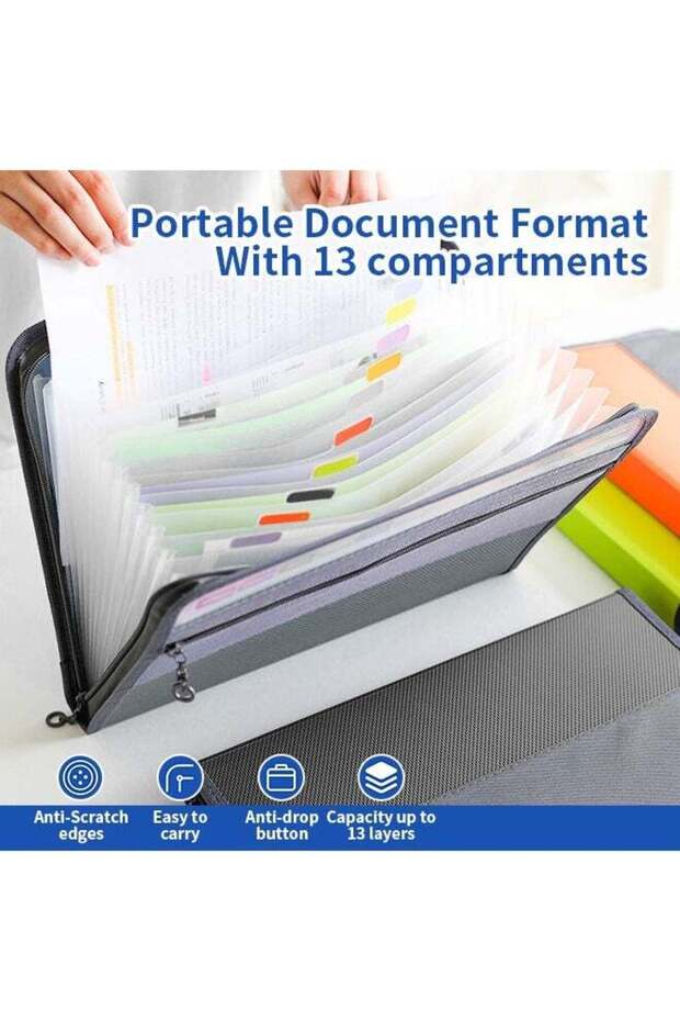 مجلد مستندات كبير السعة مزود بسحّاب ومقسم إلى 13 طبقة مع ملصقات ملونة - 5