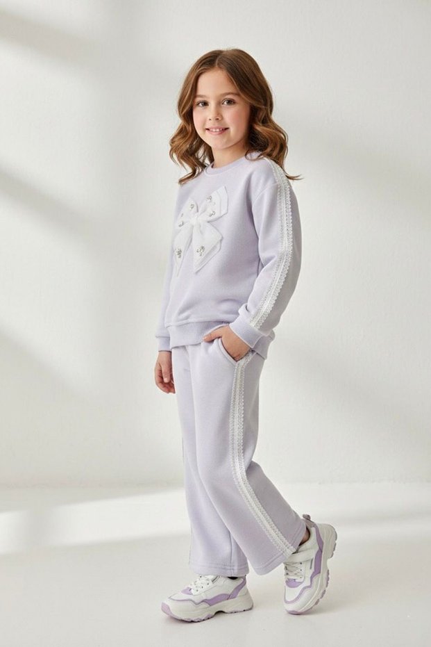 My Little Girl's Bowknot Stone Detailed Ruffled Girls' 2-Piece Set - Purple