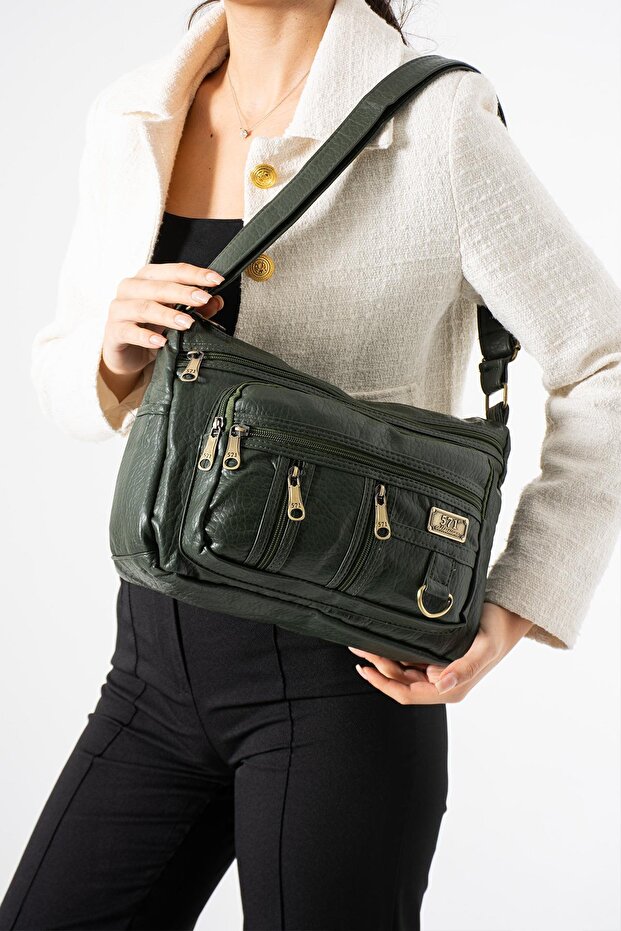 Washed Leather Crossbody Shoulder Bag Polyurethane Leather Khaki Model:(571-14-16D)