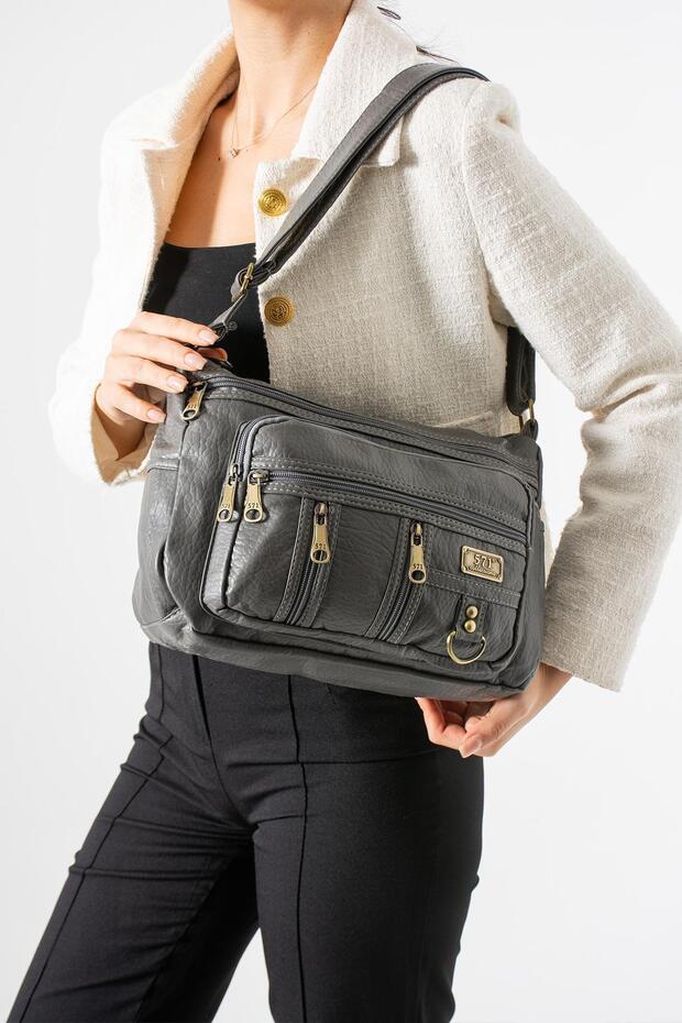 Washed Leather Crossbody Shoulder Bag Polyurethane Leather Gray Model:(571-14-16D)