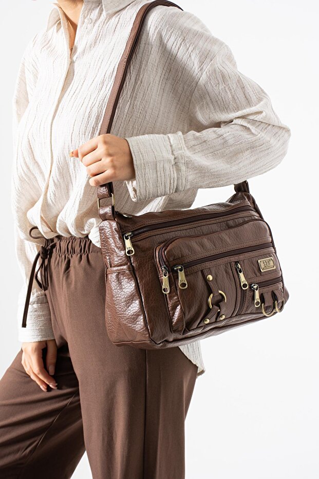 Washed Leather Crossbody Shoulder Bag Polyurethane Leather Tan Model:(571-14-16B)
