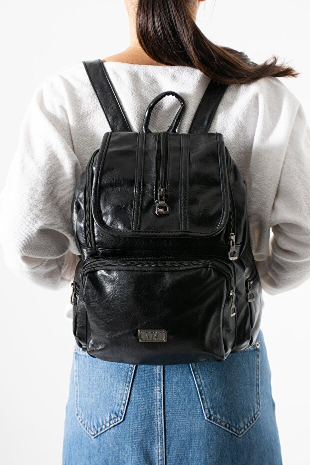 Faux Leather Washed Backpack (Polyurethane) Black Model:(571-14-16J)