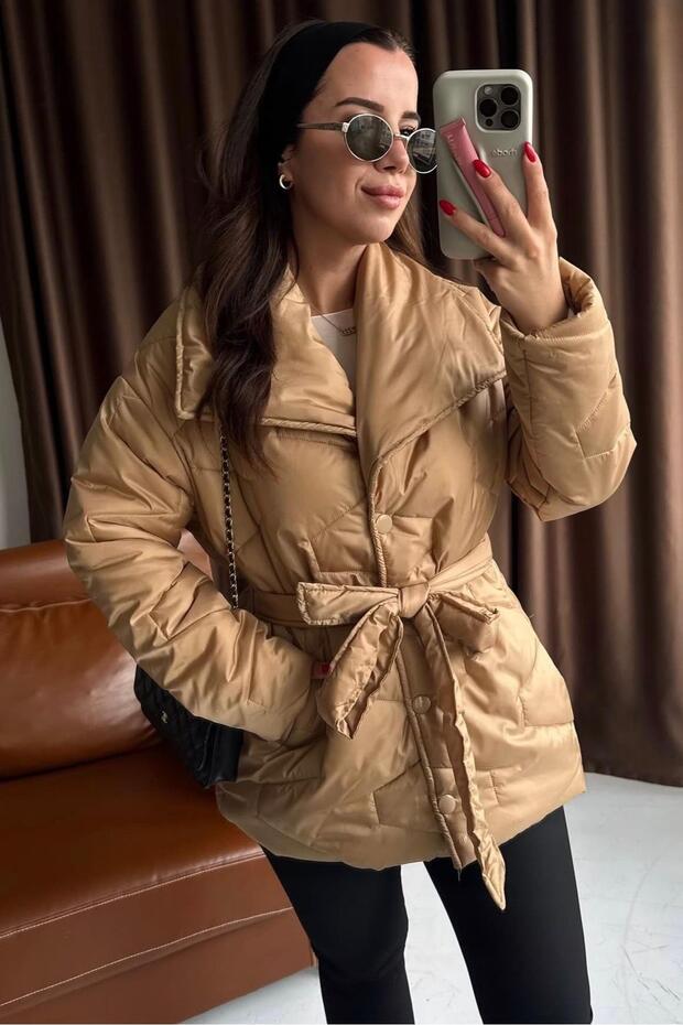 W Desenli Kapitone Mont CAMEL - 1