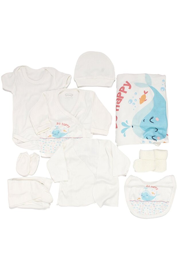 Unisex Ecru Blue Happy Whale Patterned 10 Piece Hospital Release Set