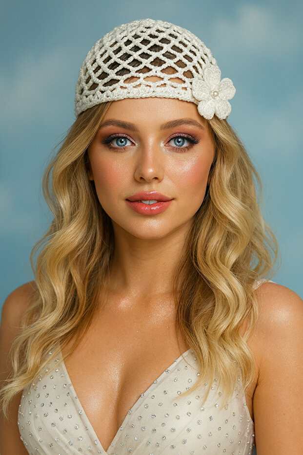 Crochet Hat/Floral Beret/White Summer Hat/Gift/Derya Baykal/Wedding Beret/Wedding Hat/Party Hat/Costume/White Summer Hat/Special Gift