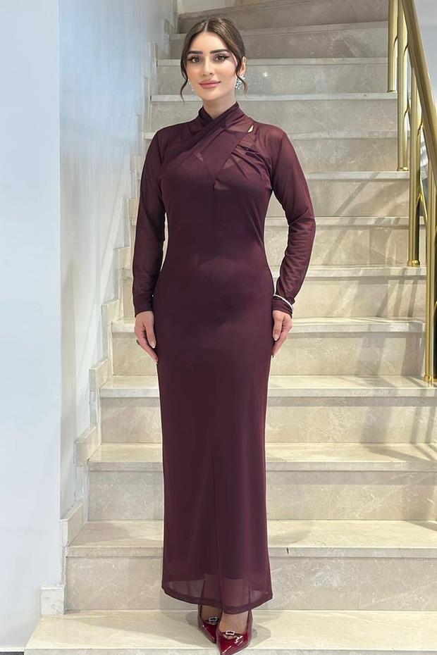 Drape yakalı likralı tül elbise - 1
