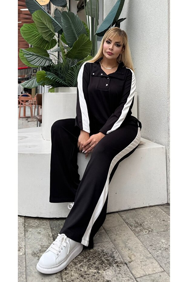 Women's Plus Size Snap Detail Turn-Down Collar Modal Fabric Stretchy Soft Textured Tracksuit Set 25091