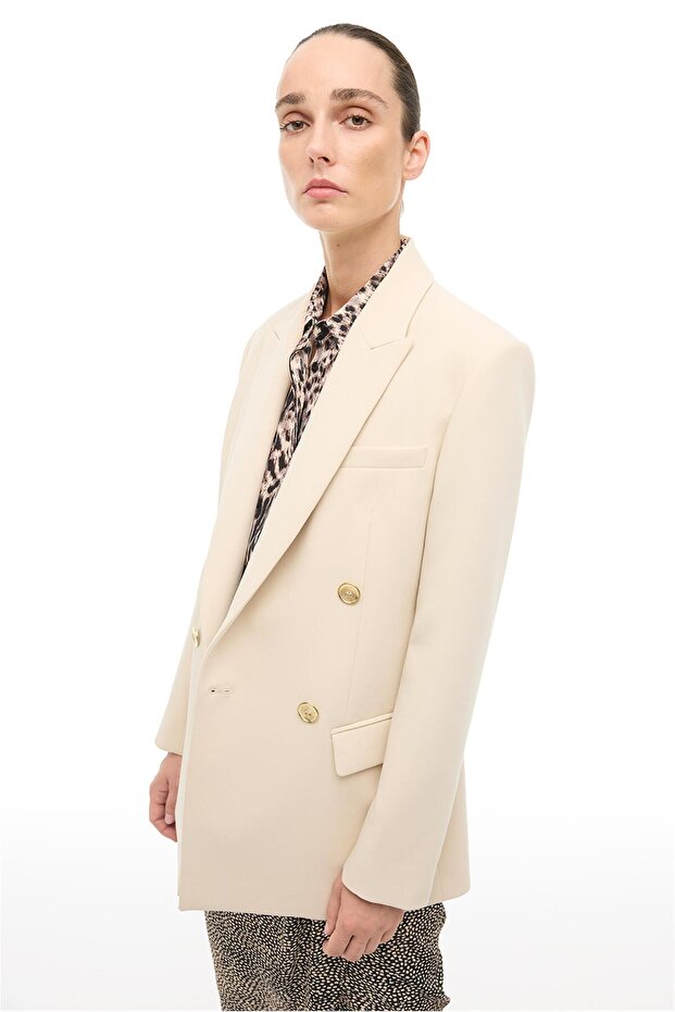 Beige Gold Buttoned Swallow Collar Jacket - 3