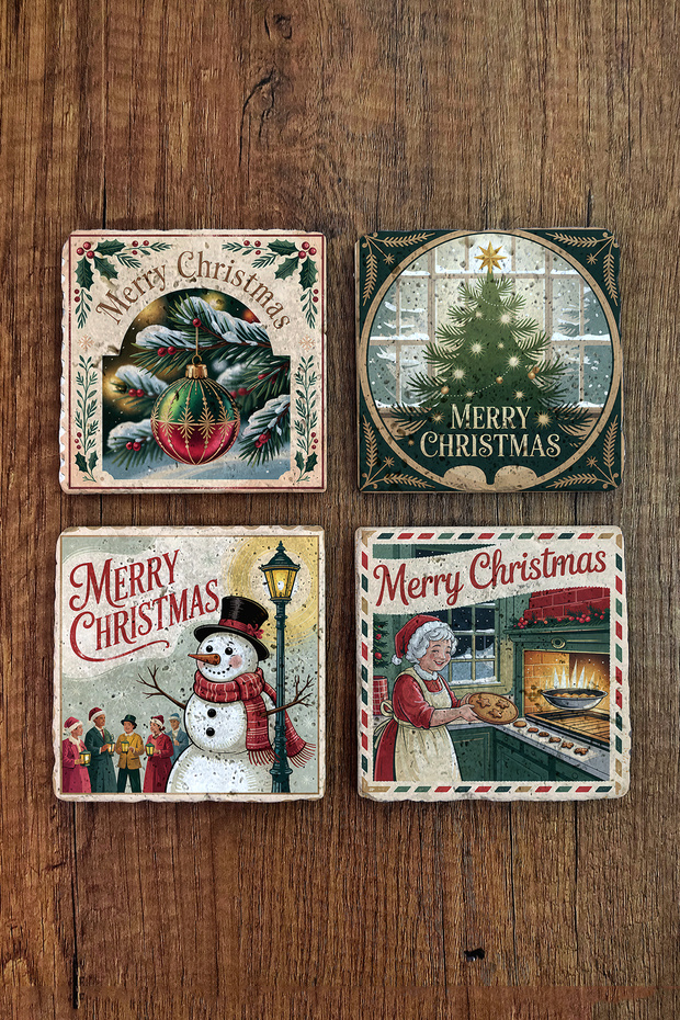 Natural Stone Coasters - Vintage Christmas Printed 10X10Cm New Year Stone Coasters 513