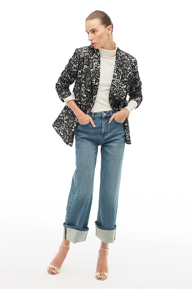 سترة سوداء مزدوجة الصدر بياقة متوافقة - 4