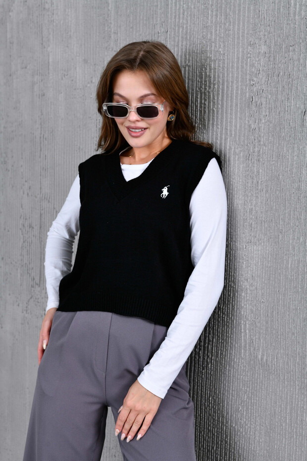 Kadın V Yaka Nakışlı Oversize Basic Triko Sweater - 8