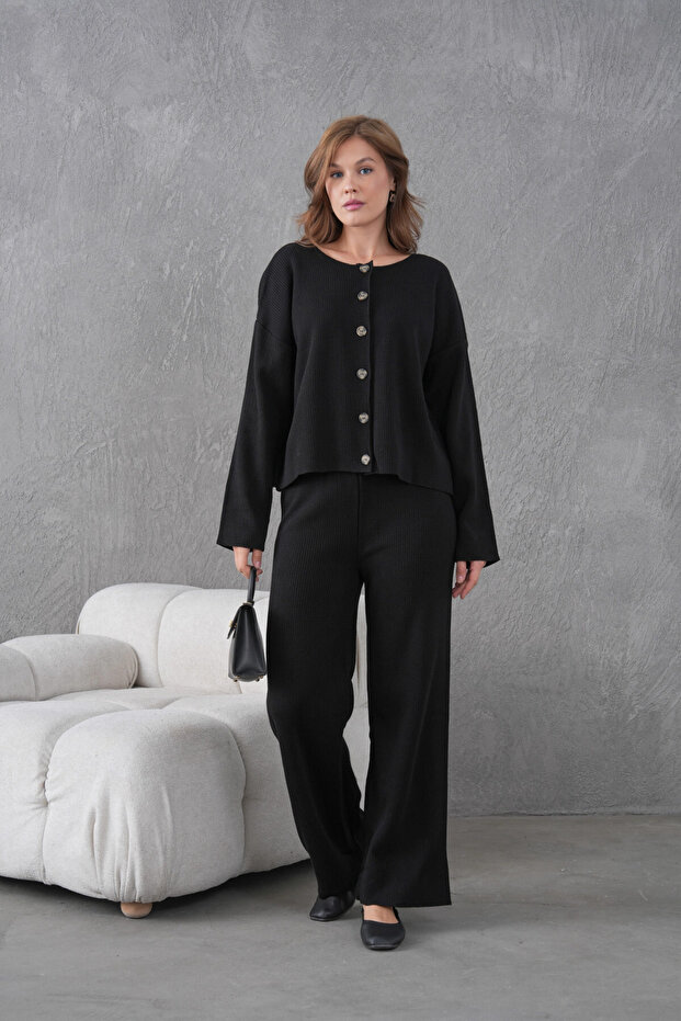 Women's Crew Neck Button Closure Ribbed Knit Jacket Pants Two-Piece Knitwear Set
