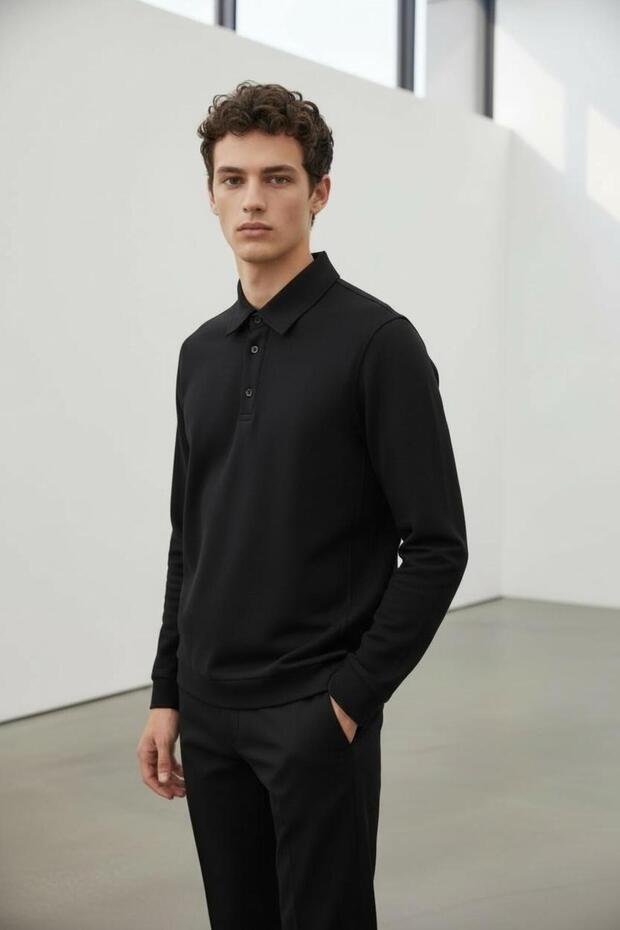 İnterview Elvira Polo Yaka Basic Siyah Sweatshirt - 1