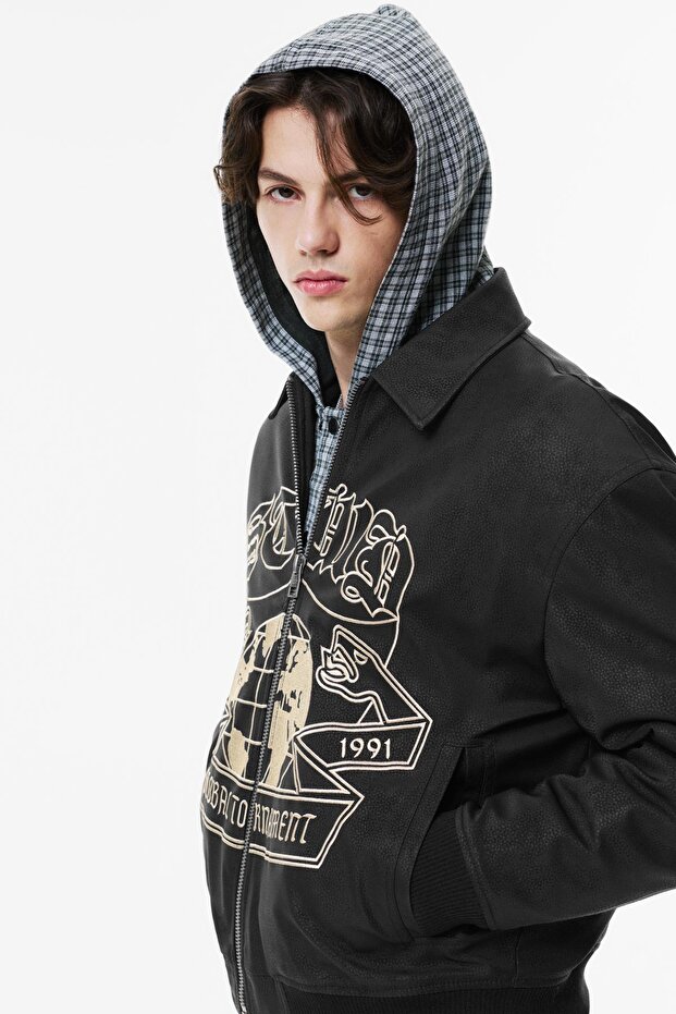 İşlemeli suni deri bomber ceket - 5