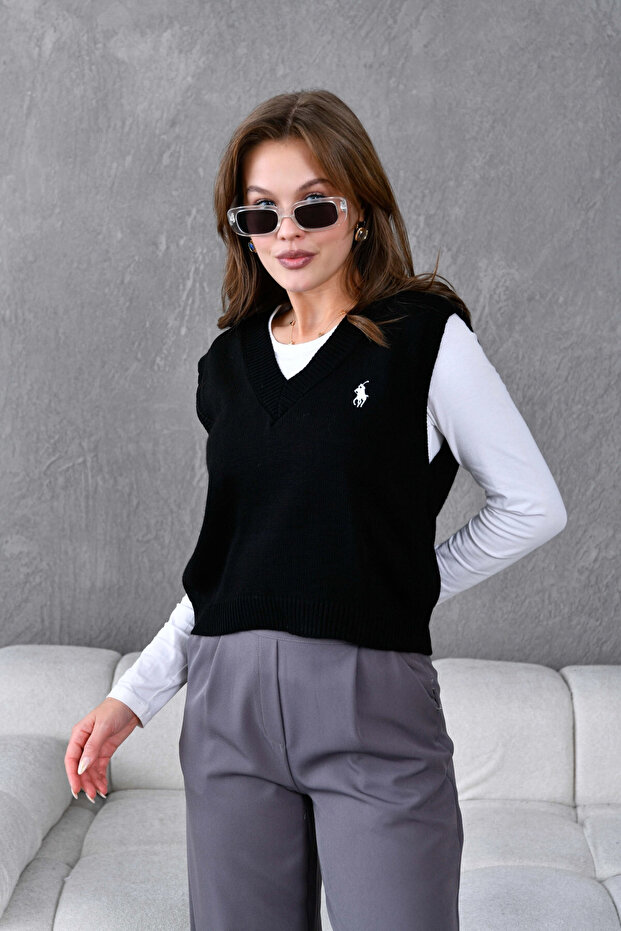 Kadın V Yaka Nakışlı Oversize Basic Triko Sweater - 6