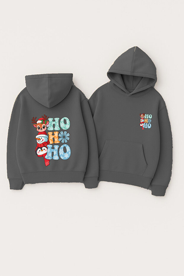 Unisex Hooded Oversized Printed Sweatshirt – Christmas Ho Ho Ho Reindeer Snowman
