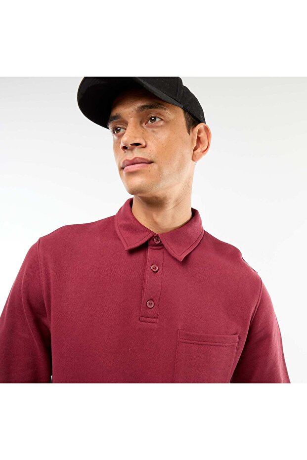 Long-sleeved plain polo sweatshirt RED