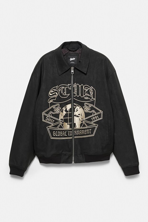 İşlemeli suni deri bomber ceket - 6