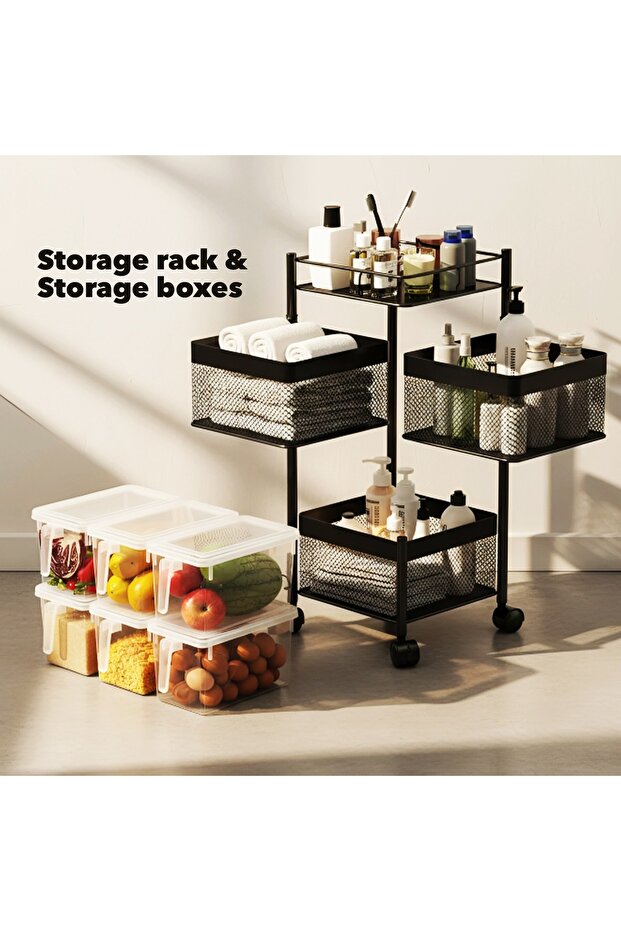 رف تخزين مطبخ دوار مربع مكون من 3 طبقات مع صندوقين منظمين للثلاجة قابلين للتكديس بسعة 4.7 لتر. - 4