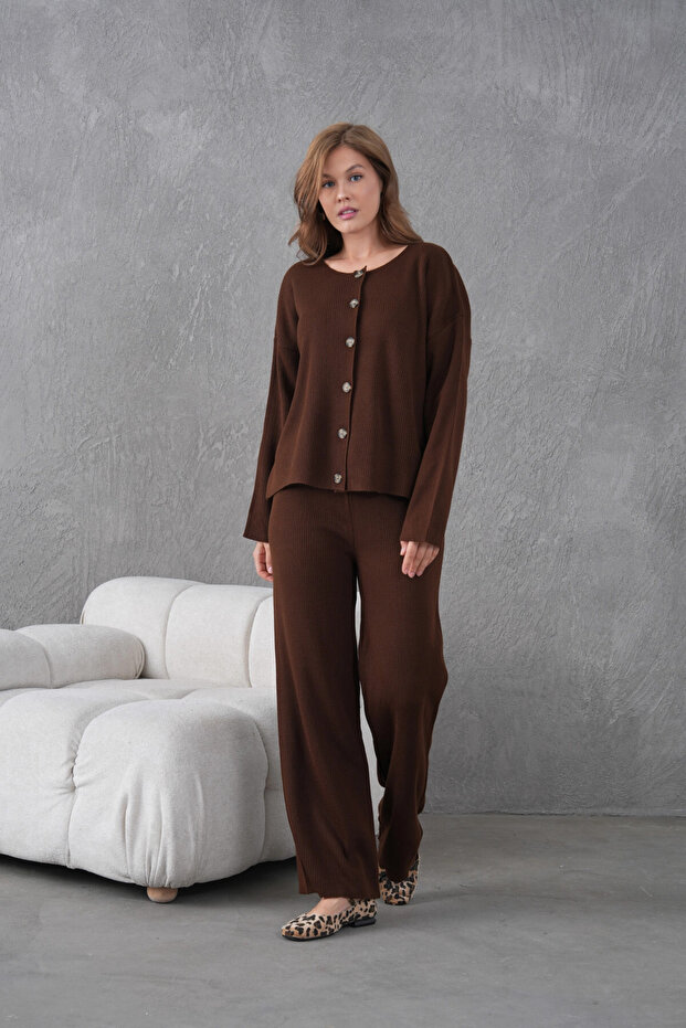 Women's Crew Neck Button Closure Ribbed Knit Jacket Pants Two-Piece Knitwear Set