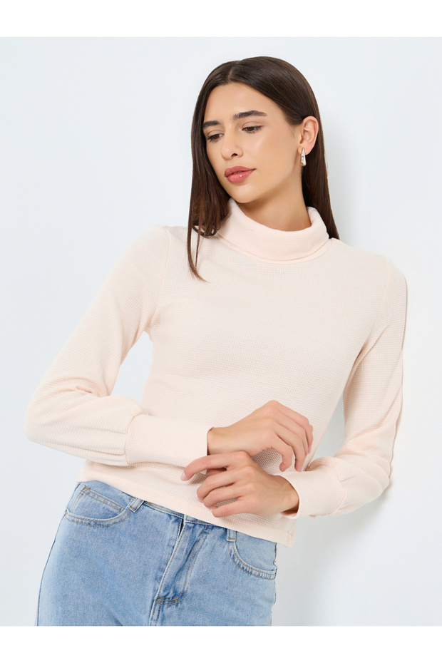 Solid High Neck Long Sleeve Top - 2
