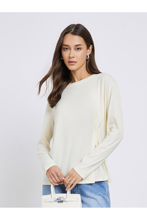 Solid Pleated Long Sleeve Knit Top - 1