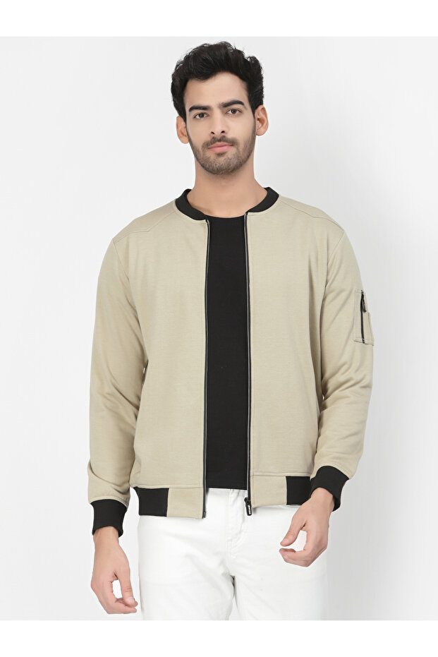 Men Beige Regular Fit Contrast Trim Jacket - 1