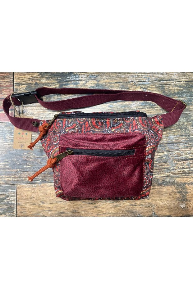 Rez Ethnic Authentic Bohemian Waist Bag Daily Travel Usable Large Volume Claret Red