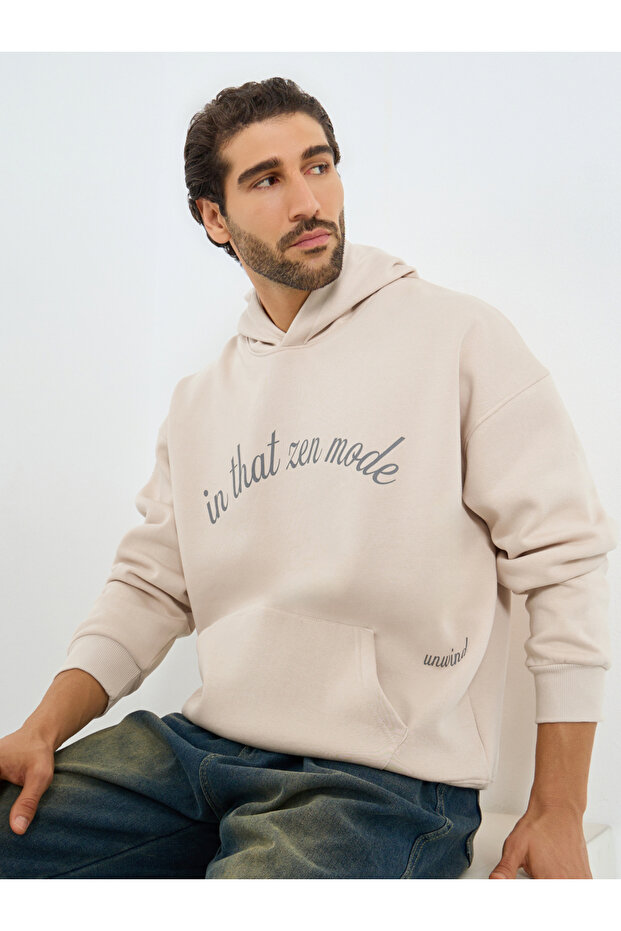 Men Beige Oversized Zen Mode Print Fleece Hoodie