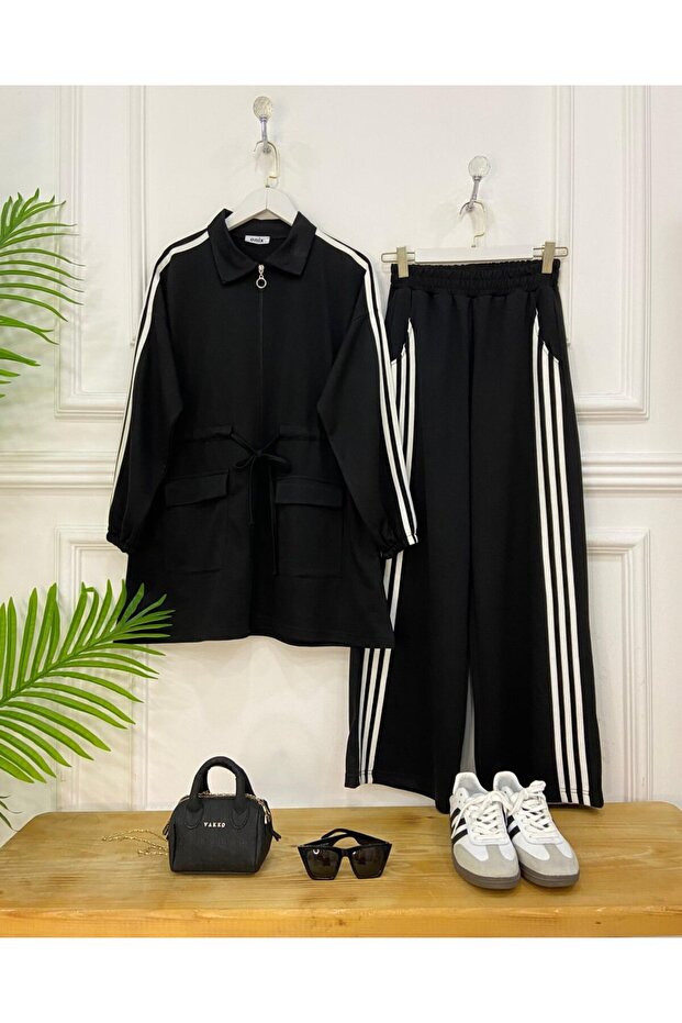 Anika zippered striped trousers modest tracksuit set black
