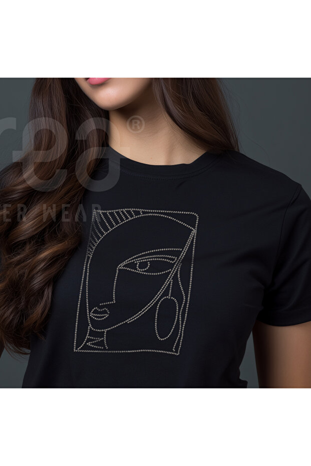 Geometric Linear Face Crystal Stone Printed Cotton Crew Neck T-Shirt Black