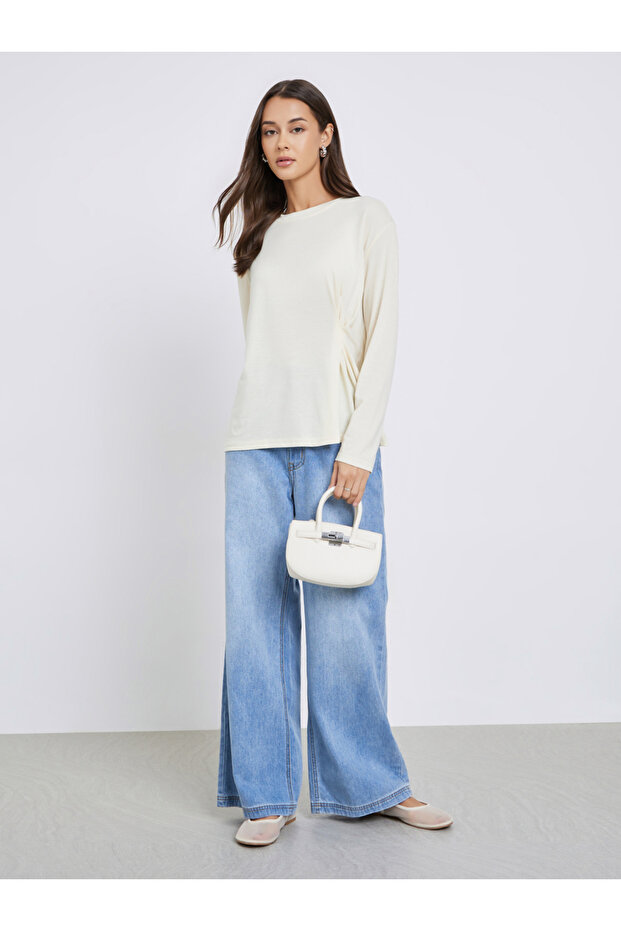 Solid Pleated Long Sleeve Knit Top - 2