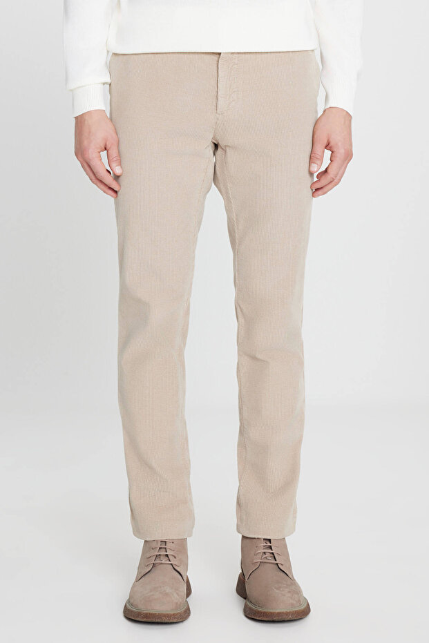 Men's Beige Slim Fit Slim Fit Velvet Tie Waist Side Pocket Stretchy Trousers