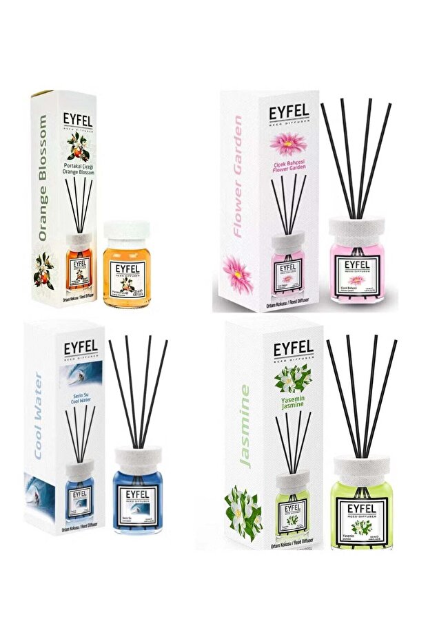 Pack of 4 Reed Diffusers – Orange Blossom, Flower Garden, Cool Water & Jasmine – 4 x 120ml (Tota