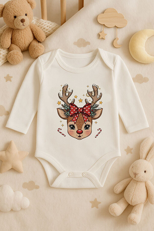 2026 New Year Christmas Printed Cotton Long Sleeve Snap Fastener Baby Ecru Bodysuit Undershirt Jumpsuit