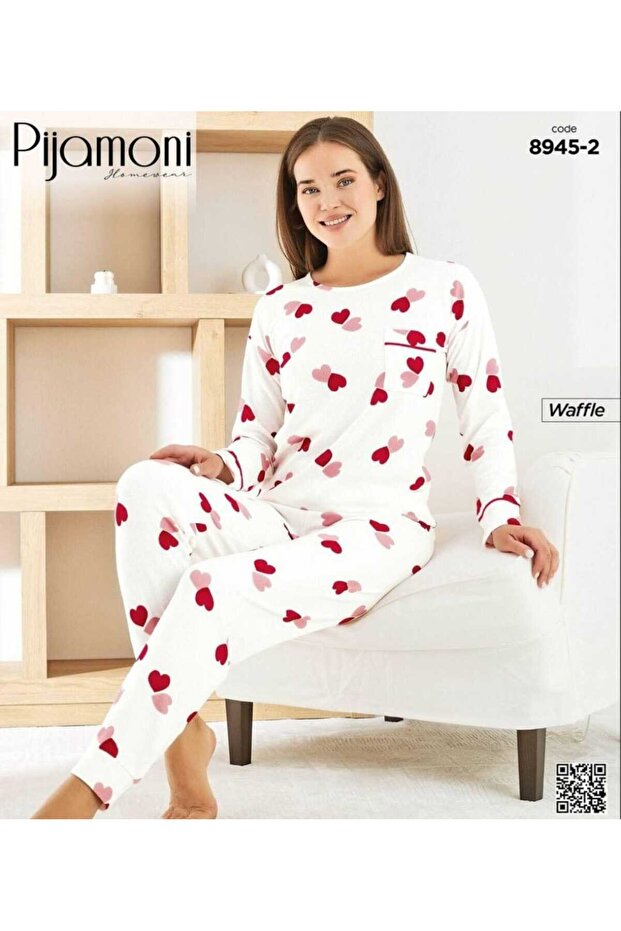Women's Waffle White Red Heart Patterned Women's Pajama Set