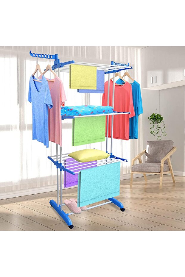 3-Layer Folding Clothes Drying Rack (Adjustable, Stainless Steel) - Blue - 3