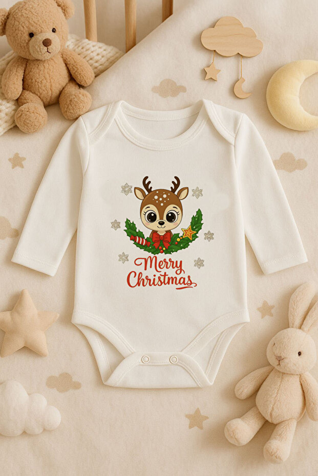 New Year Christmas Printed Cotton Long Sleeve Snap Fastener Baby Ecru Bodysuit Undershirt Jumpsuit