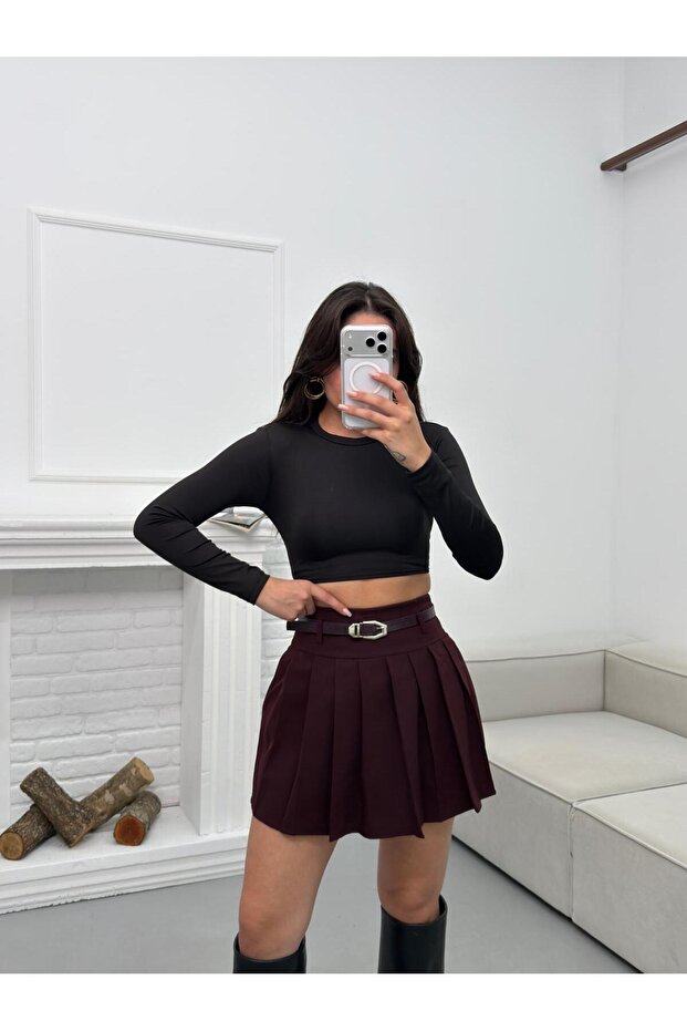 Women's Belted Shorts Lined Pleated Mini Skirt