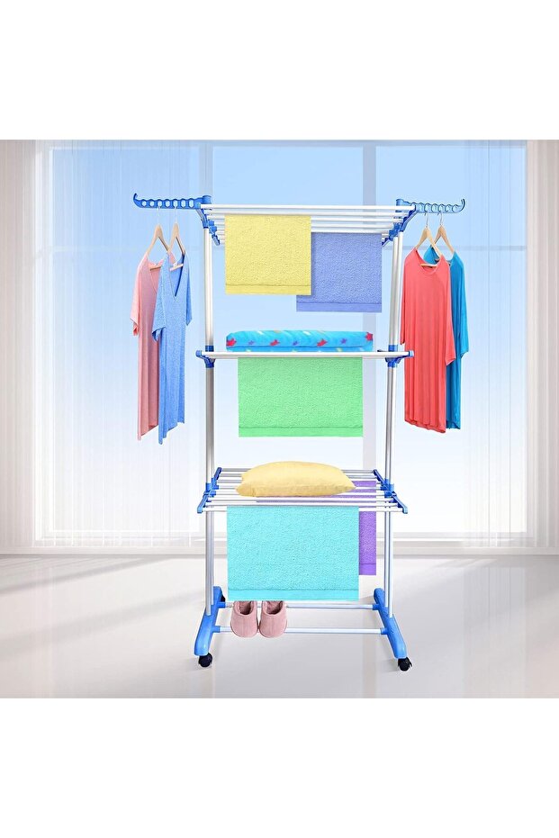 3-Layer Folding Clothes Drying Rack (Adjustable, Stainless Steel) - Blue - 1