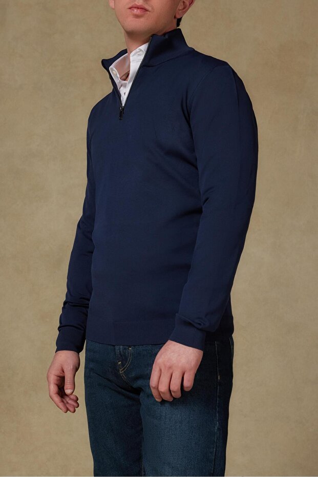Velo Knitted Fabric Rayon Blended Modern Fit Navy Blue Mock Neck Men's Plain Knitwear