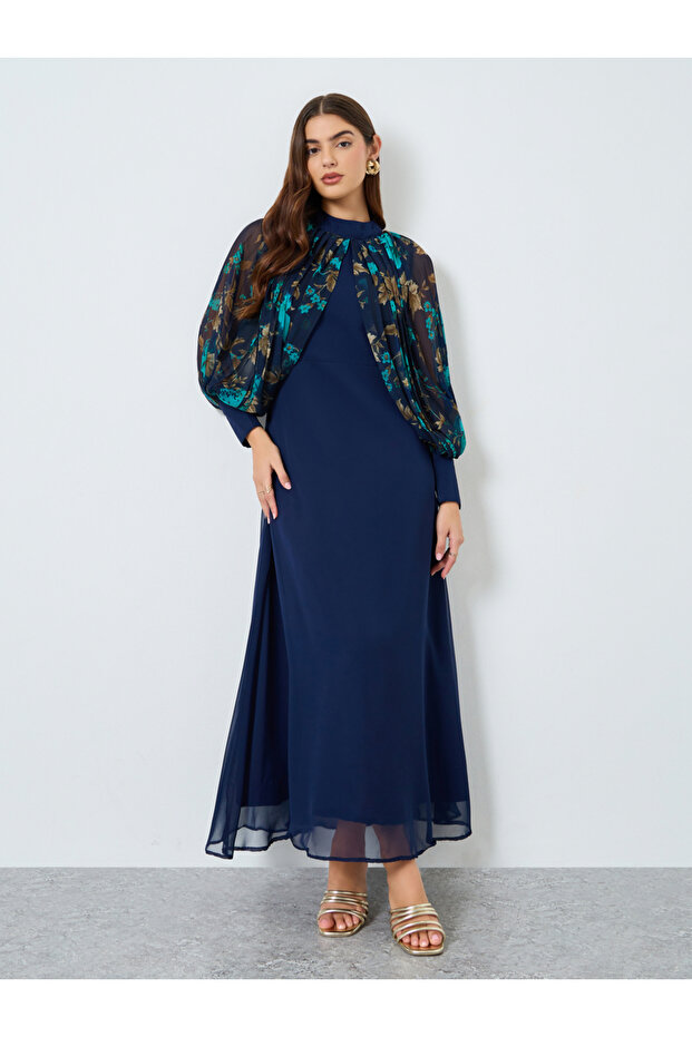 Navy Blue Floral Print Chiffon Maxi Dress
