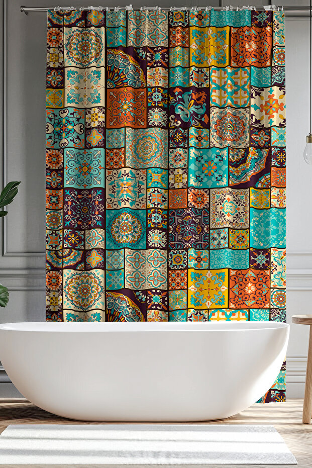 Bathroom Curtain, Ottoman Patterned Shower Curtain, Bathtub Curtain, with Ring Gift 175X200Cm Bp-60