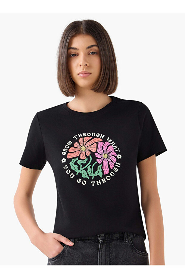 Regular Fit Cotton T-shirt with Floral Slogan Print
