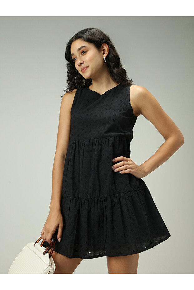 Black Schiffli Tiered Mini Dress