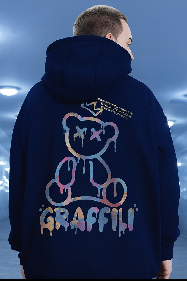 Men's Oversized Hooded Colorful Graffiti Bear Printed Hoodie