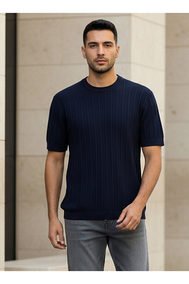Men Regular Fit Crew Neck Short Sleeve Knit Textured T-shirt
